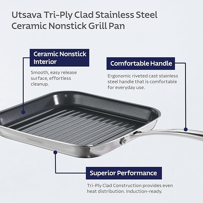 Tramontina Utsava Tri-Ply Clad Stainless Steel 10-Inch Square Grill Pan - Image 3