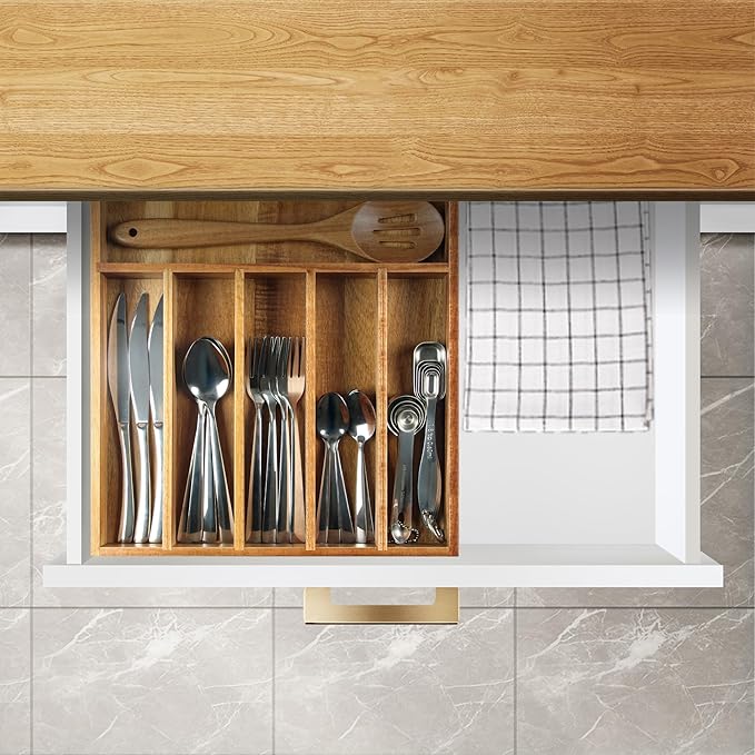 KITEISCAT Acacia Wood Silverware Organizer, Kitchen Utensil Drawer Organizer - Image 6