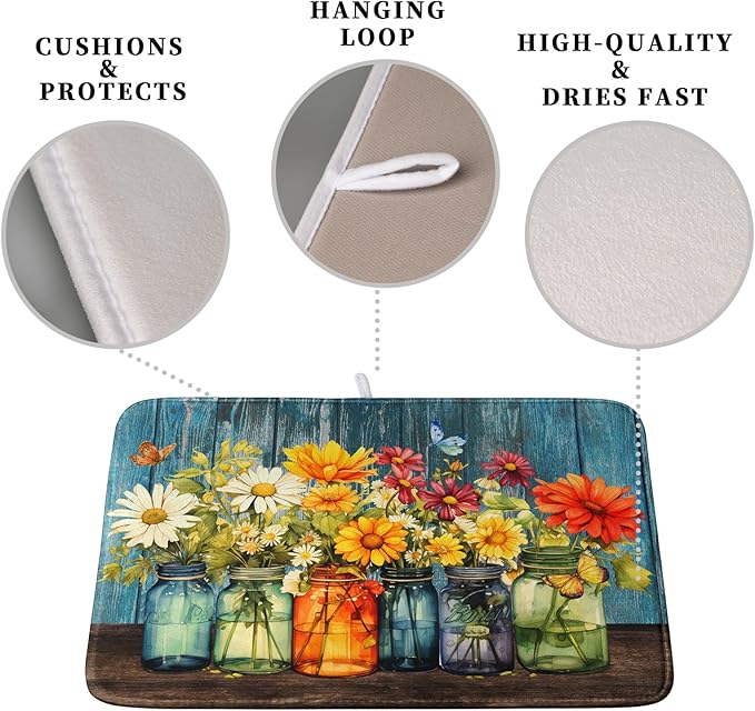 Daisy Dish Drying Mat for Kitchen Counter 18x24 Inch Rustic Vintage Flower - Image 3