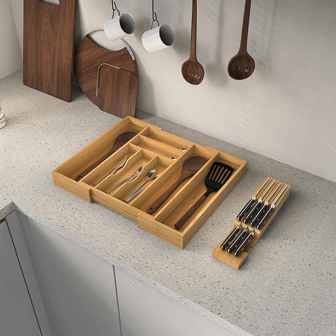 Bamboo Kitchen Drawer Organizer, Expandable Silverware Organizer - Image 6