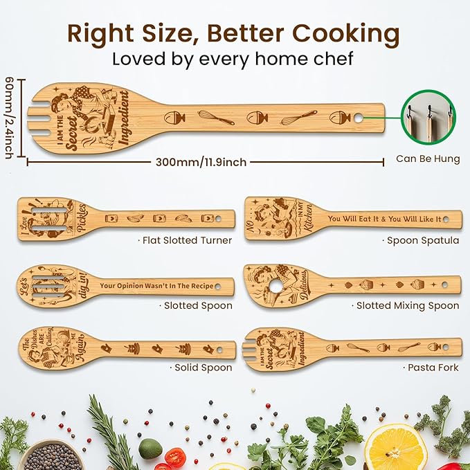 CUTHOLLOW 6PCS Retro Housewife Wooden Kitchen Cooking Utensil Set, 11.9in Non - Image 2