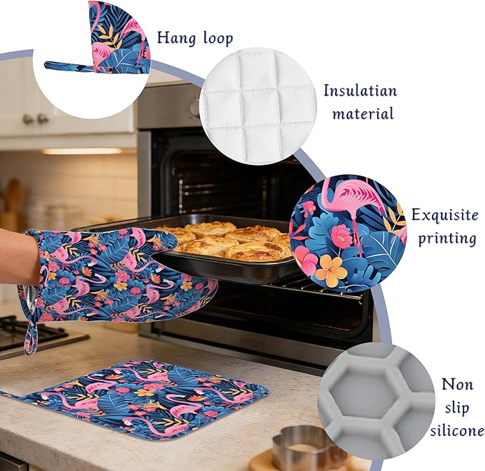 Oven Mitts and Pot Holders Sets Flamingo Tropical Flower Silicone Kitchen Mits - Image 4