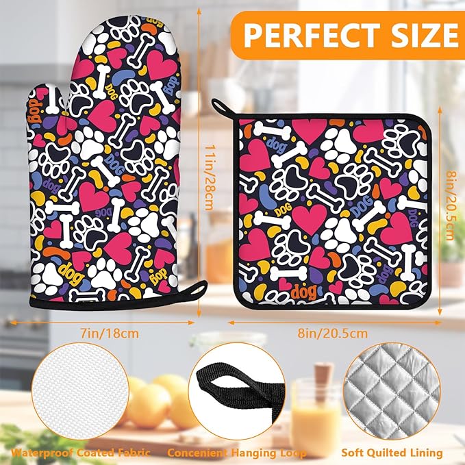 Paw Prints Oven Mitts and Pot Holders Sets 4Pcs, Extra Long Oven Gloves - Image 2
