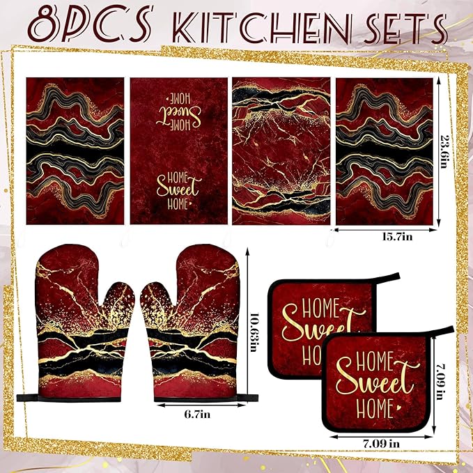 Leinuosen 8 Pcs Burgundy Marble Kitchen Towels and Dishcloths Sets Oven Mitts - Image 3