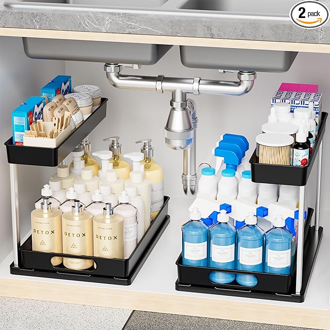 Yieach 2 Pack 10.8″ High Pull Out Under Sink Organizer, 14.5″ Deep 2 Tier Slide by Yieach