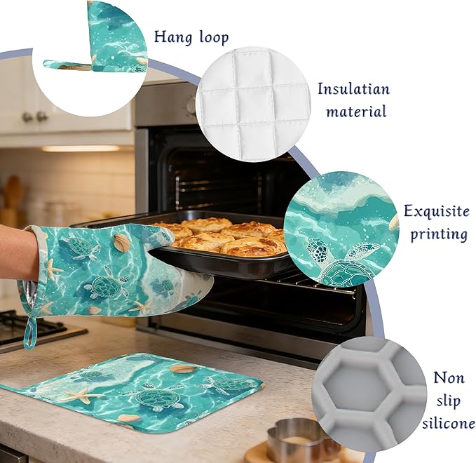 Beach Starfish Sea Turtle Oven Mitts and Pot Holders Sets of 4 Coastal Shell - Image 4
