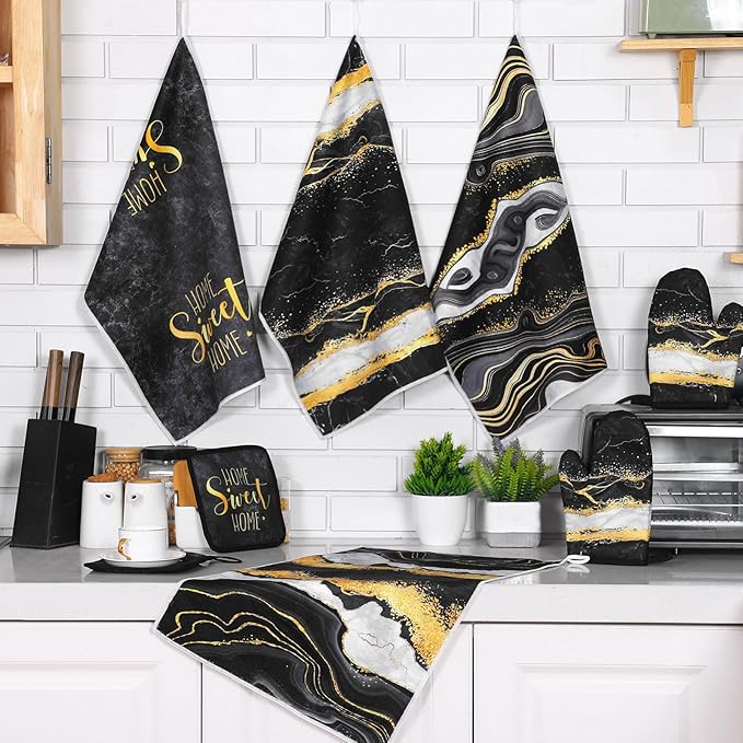 Leinuosen 8 Pcs Black Marble Kitchen Decor Dish Towels and Oven Mitts Sets Pot - Image 7