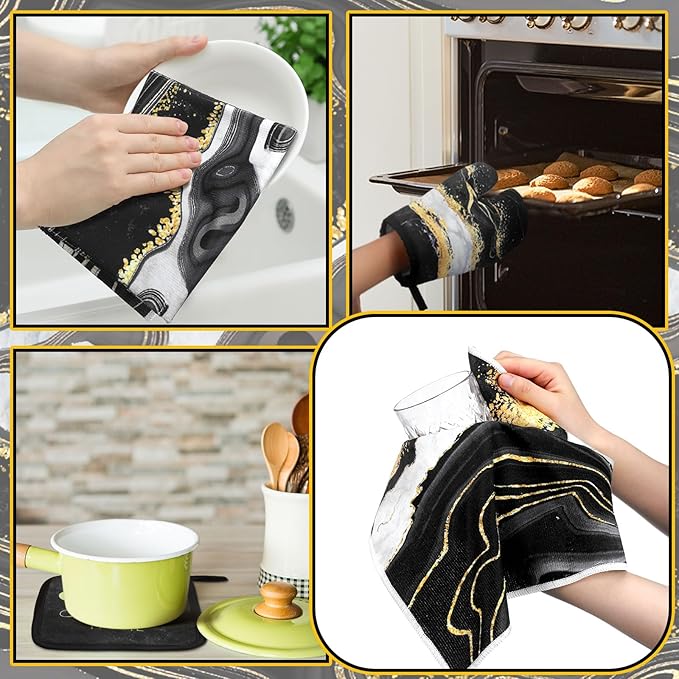 Leinuosen 8 Pcs Black Marble Kitchen Decor Dish Towels and Oven Mitts Sets Pot - Image 6