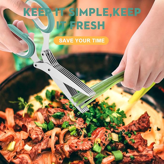 Herb Scissors with 5 Blades and Cover, Kitchen Herb Cutter with Cleaning Comb - Image 7