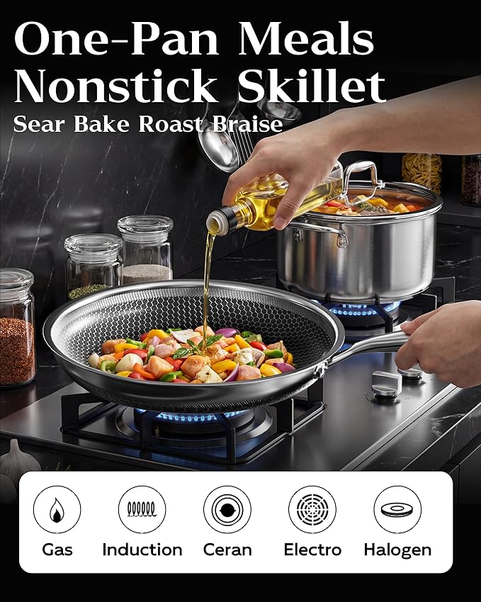 Nonstick Frying Pan with Lid 10-Inch, Durable Stainless Steel Skillet, - Image 4