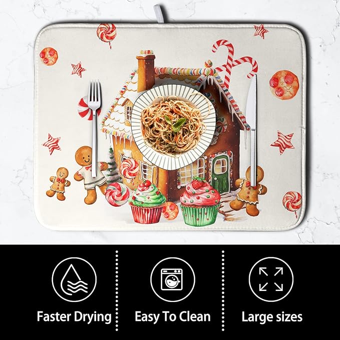 Christmas Dish Drying Mat for Kitchen Counter 16x18 Gingerbread House Man Candy - Image 4