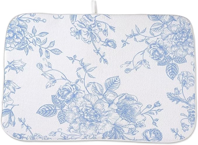 Baby Blue Chinoiserie Floral Dish Drying Mat 18 x 24 inch Vintage Flower by AEIOAE