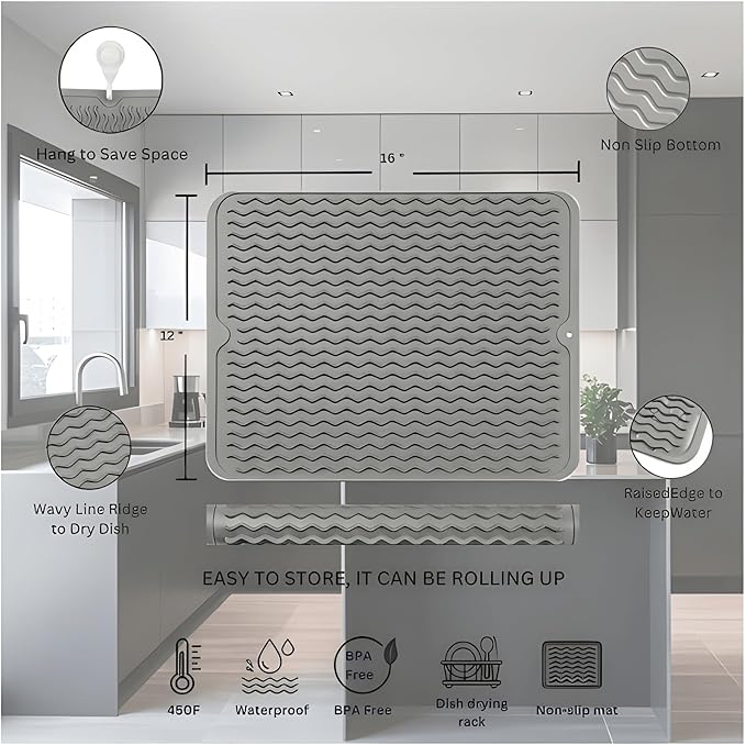 Silicone Drying Mat 16 × 12 – Gray Non-Slip Sink Mat - Image 2