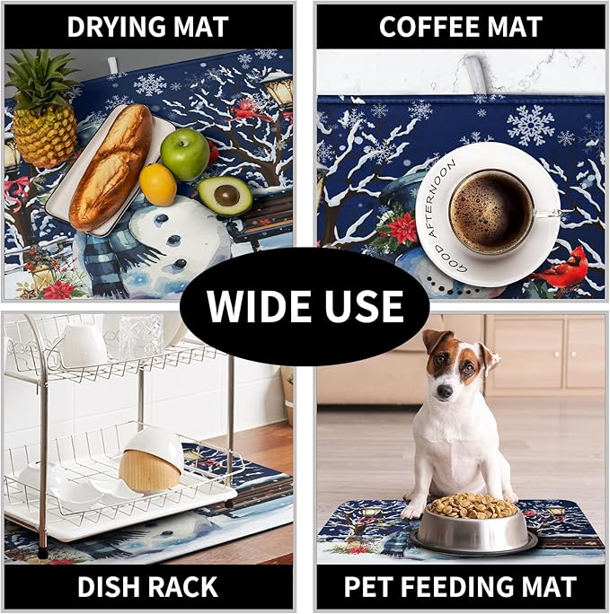 Winter Snowman Dish Drying Mat for Kitchen Counter 18x24, Xmas Snowflakes Dish - Image 7
