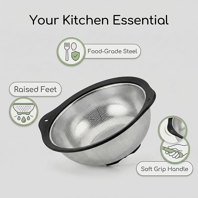 304 Stainless Steel Colander 3-Quart, Heavy Duty Metal Strainer - Image 2