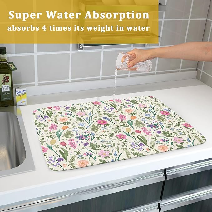 Spring Floral Dish Drying Mat for Kitchen Counter 18x24 Pink Sage Green Flower - Image 7