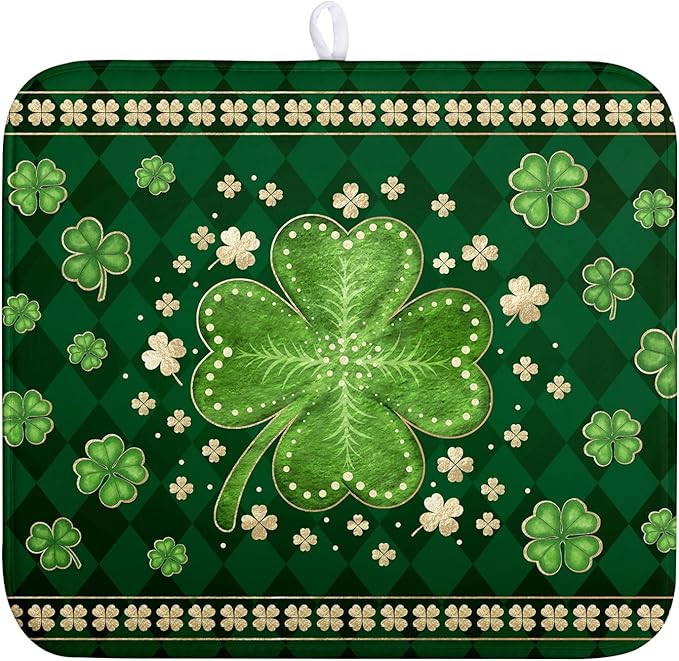 St Patricks Day Drying Mat for Kitchen Counter Shamrock Dish Drying Mats Lucky by Kwlegh