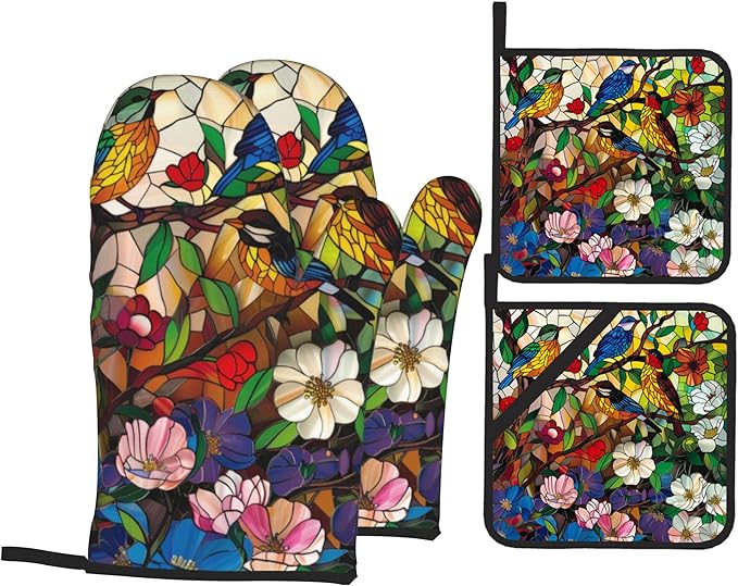 Abstract Bird Oven Mitts & Potholder Set of 4 by Unknown