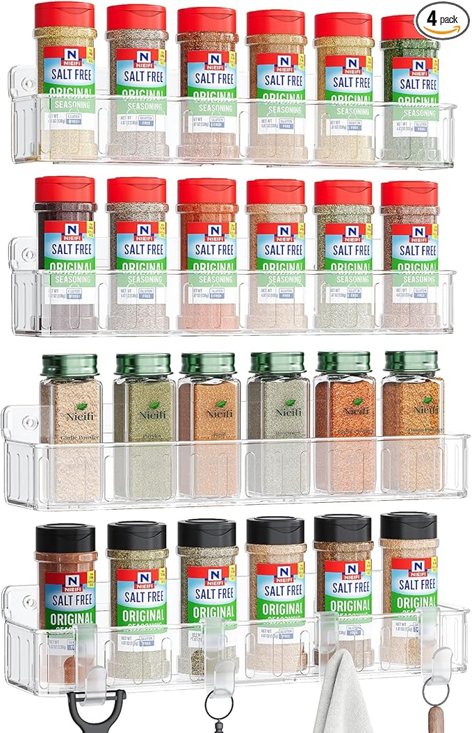 Nieifi Spice Rack Wall Mount, 4 Pack, Screw or Adhesive Installation, Spice by Nieifi