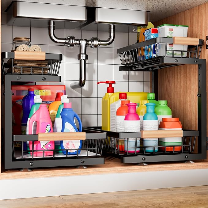 Under Sink Organizer, 2 Pack 2 Tier Under Sink Organizers and Storage, Slide by FAMIDGE