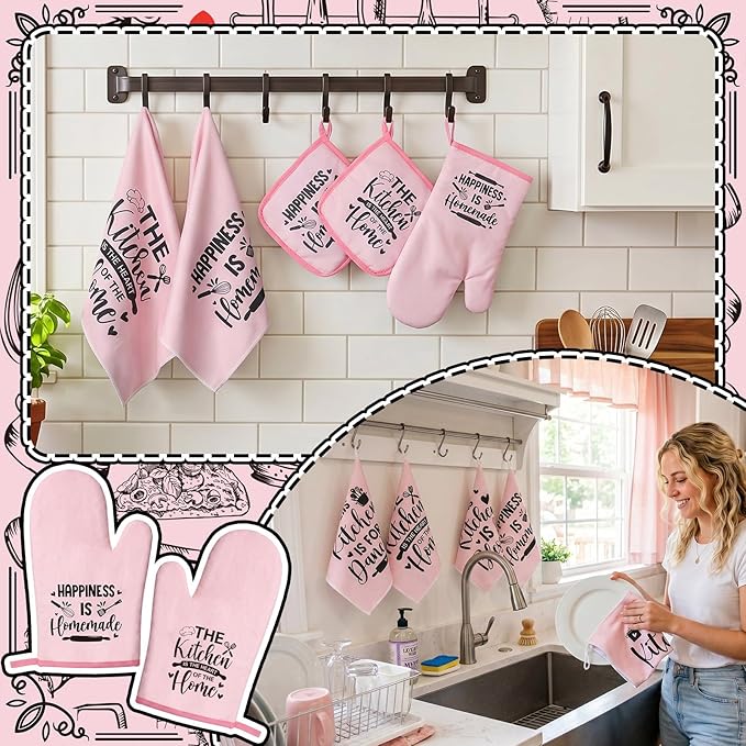 Bencailor 12 Pcs Farmhouse Kitchen Decorations Sets 8 Pink Black Kitchen Dish - Image 4