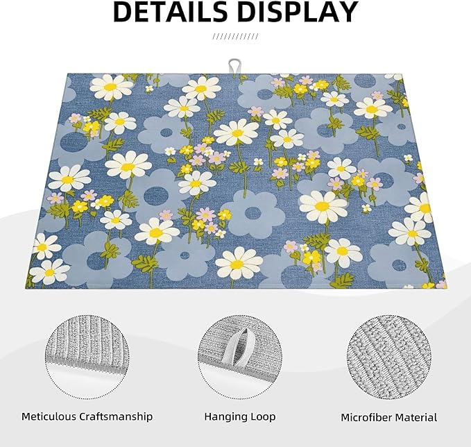 Daisy Flowers Dish Drying Mat for Kitchen Counter, Large Drying Kitchen Mat - Image 4