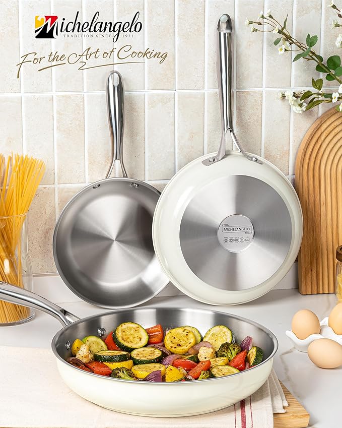 MICHELANGELO Stainless Steel Frying Pan Set, Triply Base Cooking Pans - Image 7