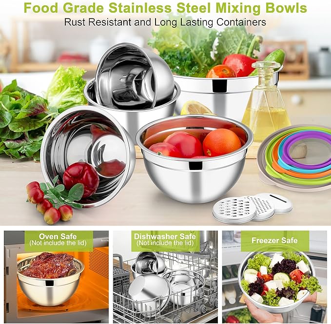 E-far Mixing Bowls with Lids Set of 5, Stainless Steel Salad Mixing Bowl with - Image 7