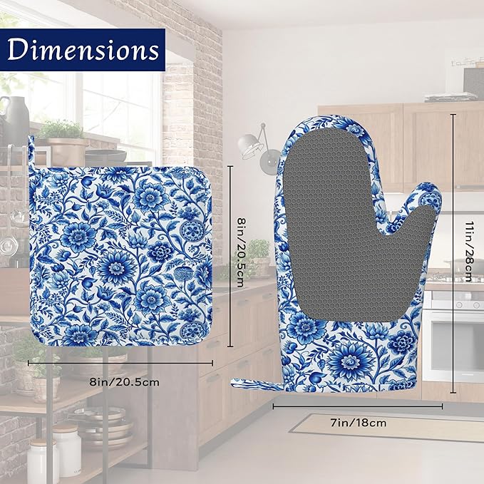 Oven Mitts and Pot Holders Sets Blue White Floral Silicone Kitchen Mits - Image 2