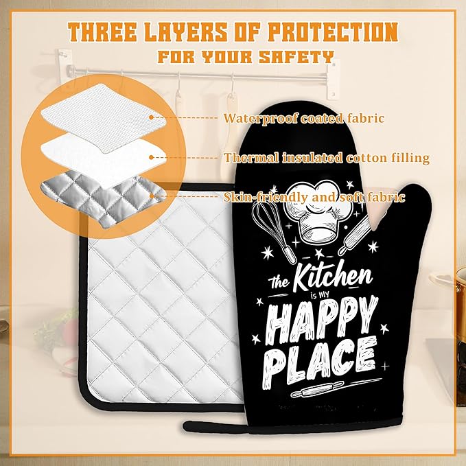 Funny Oven Mitts and Pot Holders Set, The Kitchen is My Happy Place Kitchen - Image 3