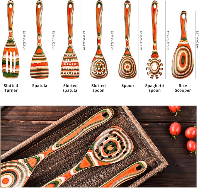 Gudamaye Pakkawood 7-Piece Red Wooden Cooking Utensils, Wooden Spoons - Image 2