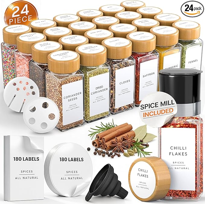 Glass Spice Jars with 360 Labels -24 pcs- 4oz- Spice Containers with Bamboo by Livabl