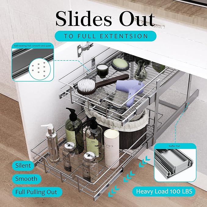 2 Tier Pull Out Cabinet Organizer 18" W X 22" D, Slide Out Drawers - Image 3
