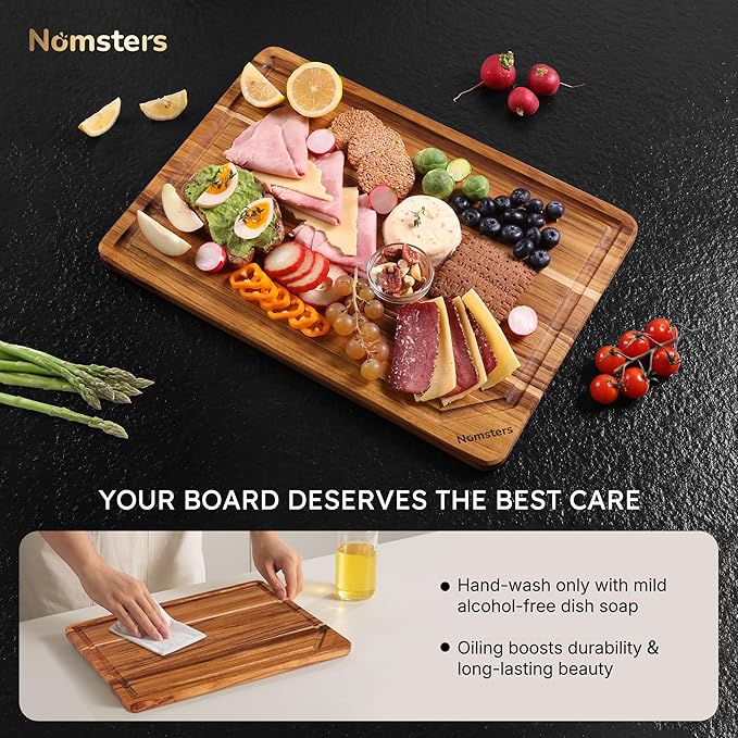 3 Pack Teak Wood Cutting Board Set Non Slip Over Sink Charcuterie Board Serving - Image 8