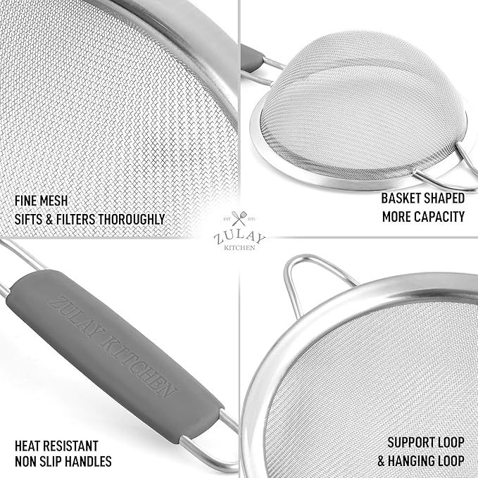 Zulay Kitchen Premium Stainless Steel Fine Mesh Strainer Set - Image 4
