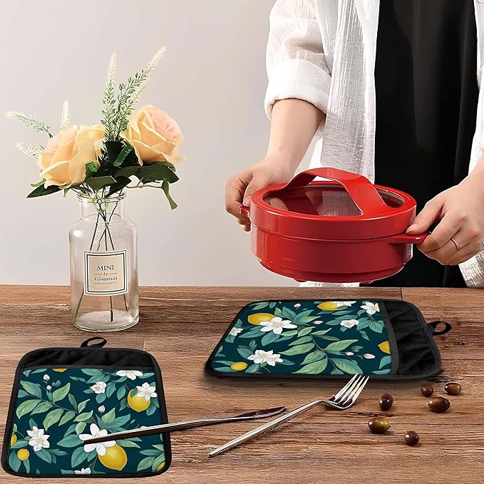Dark Green Lemon Floral Pot Holders - Image 5