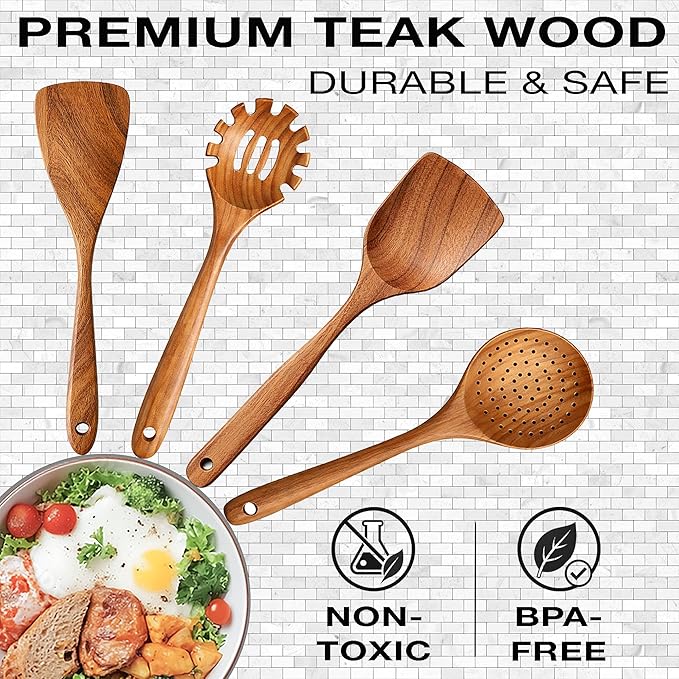 Extra-Large 4-Piece Teak Wooden Utensil Set – Non-Stick Wooden Spatula - Image 2