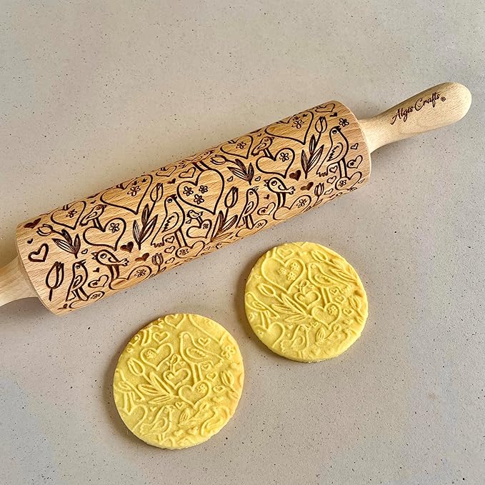 LOVE BIRDS Embossing Rolling Pin – Laser Engraved Dough Roller - Image 3