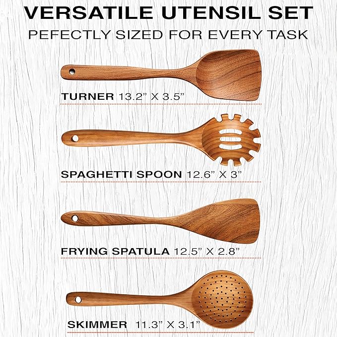 Extra-Large 4-Piece Teak Wooden Utensil Set – Non-Stick Wooden Spatula - Image 6