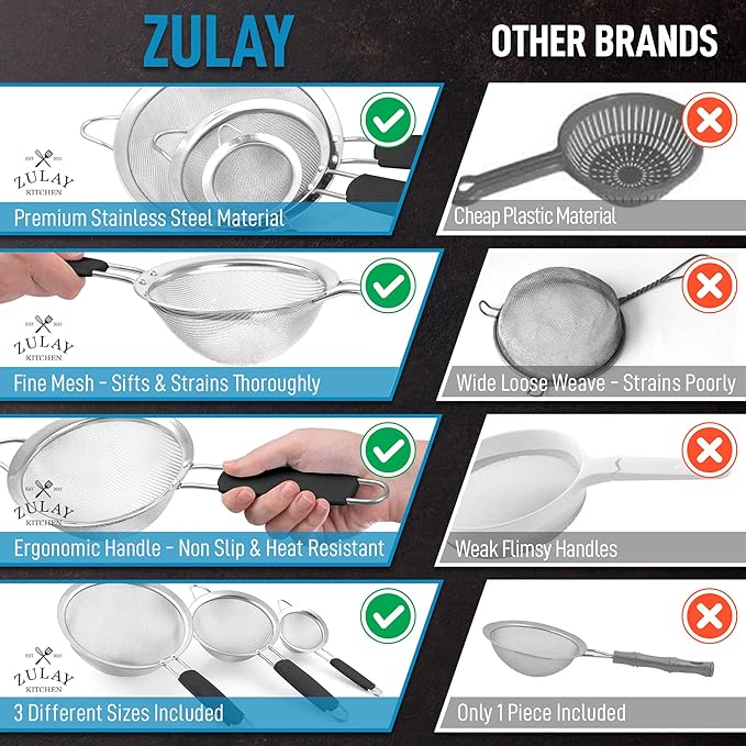 Zulay Kitchen Premium Stainless Steel Fine Mesh Strainer Set - Image 7