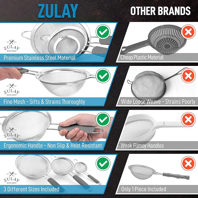 Zulay Kitchen Premium Stainless Steel Fine Mesh Strainer Set - Image 7
