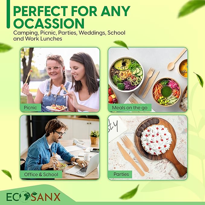 ECOSANX® 300 PCs Disposable Wooden Cutlery set 6.5" Splinter Free Compostable - Image 3