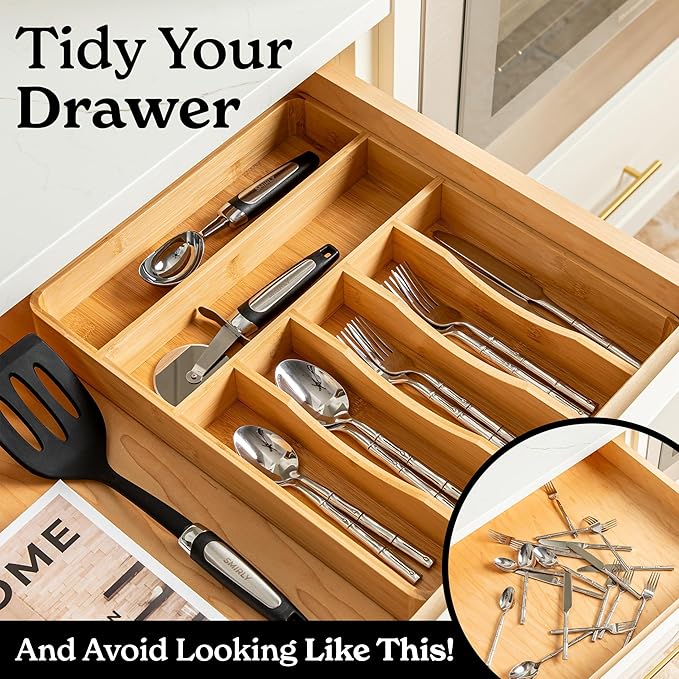 SMIRLY Silverware Drawer Organizer – Bamboo Kitchen Drawer Organizer, - Image 8