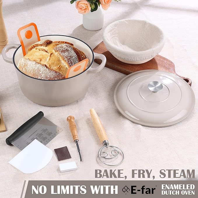 E-far Enameled Dutch Oven Pot for Bread Baking, 6QT Enameled Cast Iron Cookware - Image 7