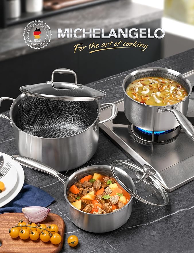 MICHELANGELO 6 Pcs Tri-ply Stainless Steel Pot Set, 2QT & 3QT & 8QT Pot - Image 4
